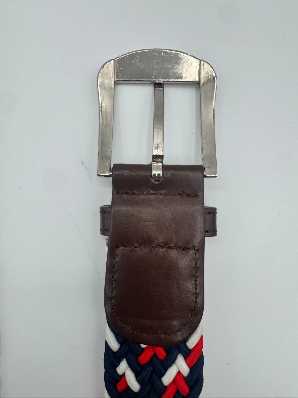 Vintage Braided Stretch Belt Navy Red White Brown Leather Trim Preppy Nautical